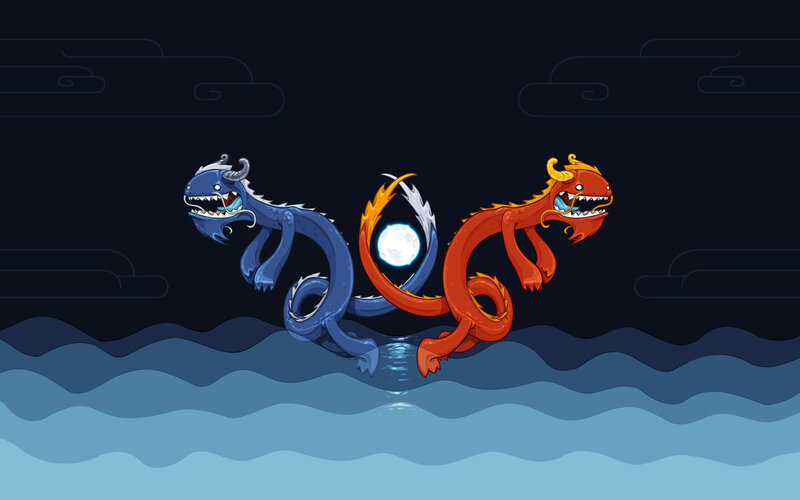 Blue and red dragons chasing moon