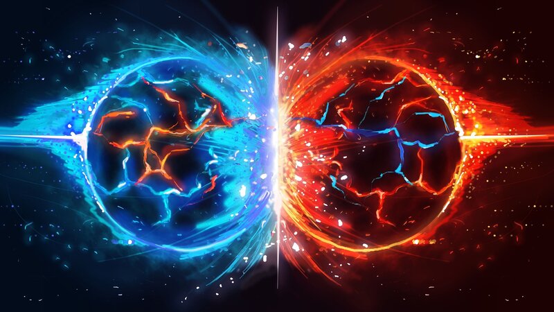 blue and red energy spheres