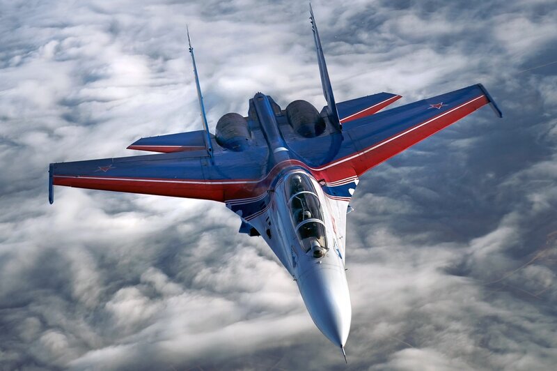 Blue and Red Jet Fighter — Dramatic, Photograph