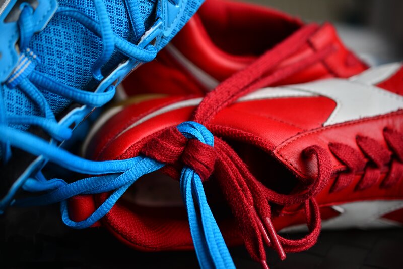 Blue and red sneakers