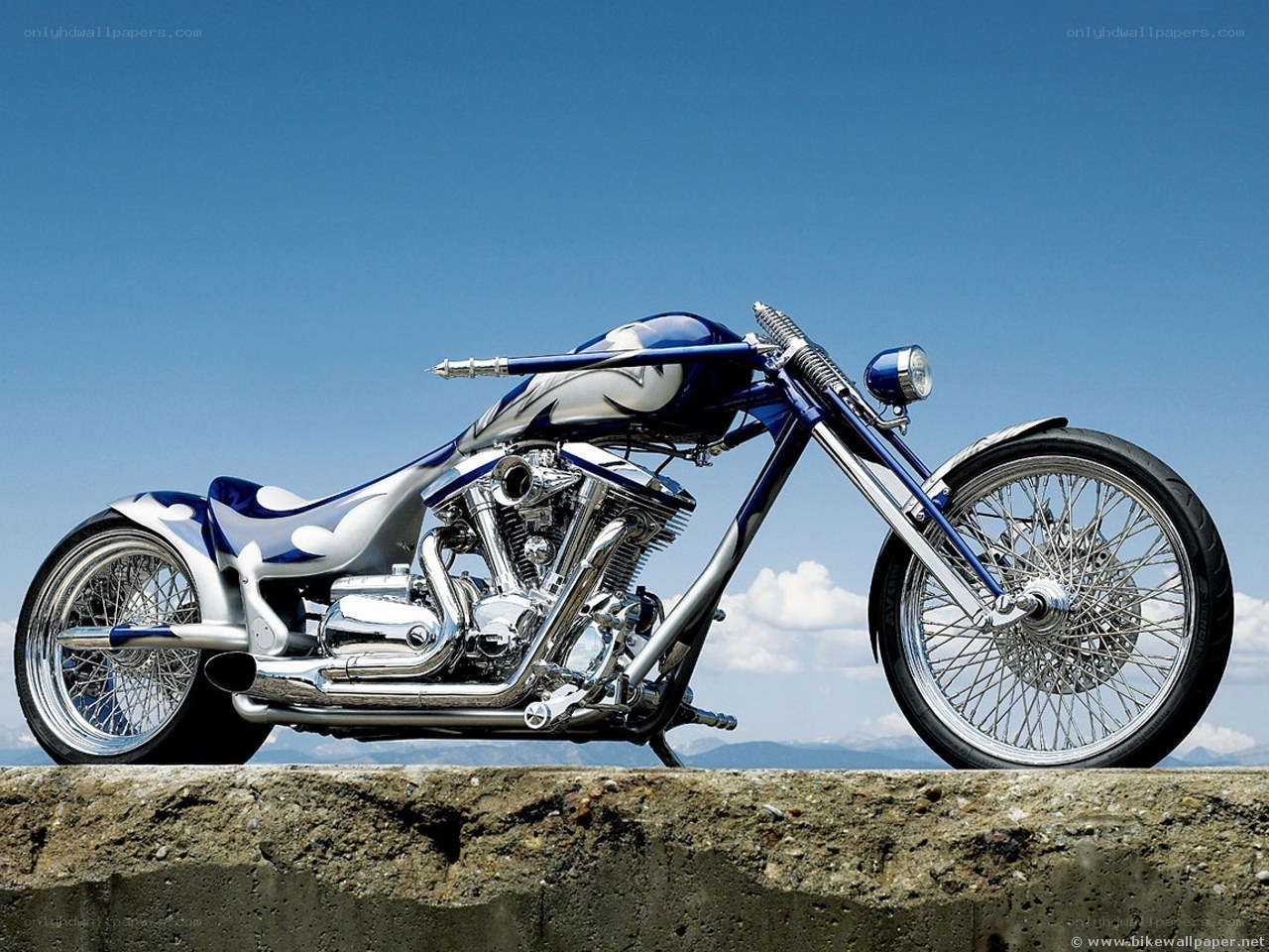 blue and silver chopper motorcycle