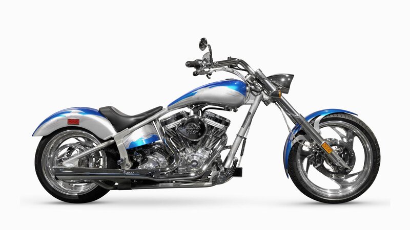 blue and silver chopper motorcycle