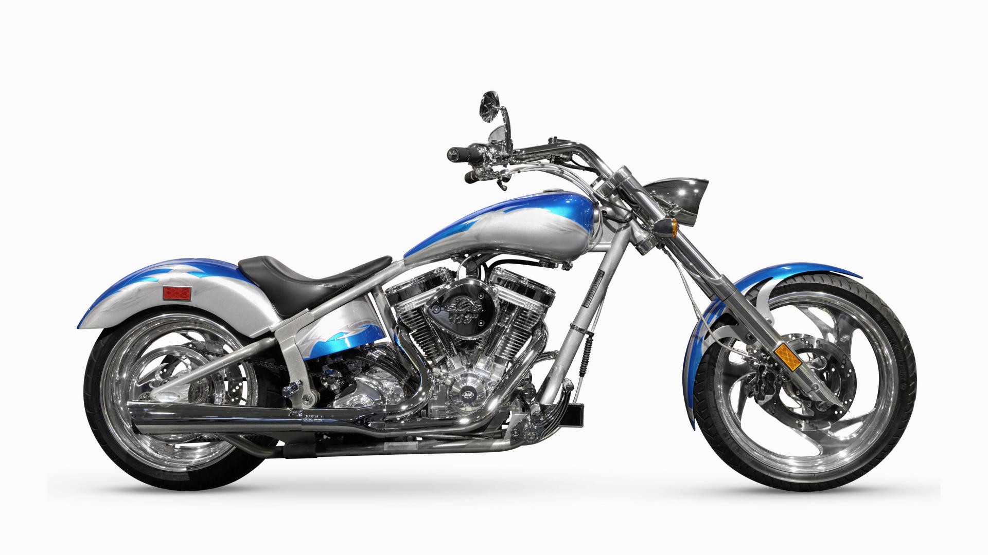 blue and silver chopper motorcycle