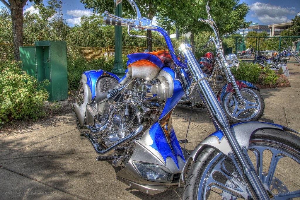 Blue and silver custom chopper motorcycle