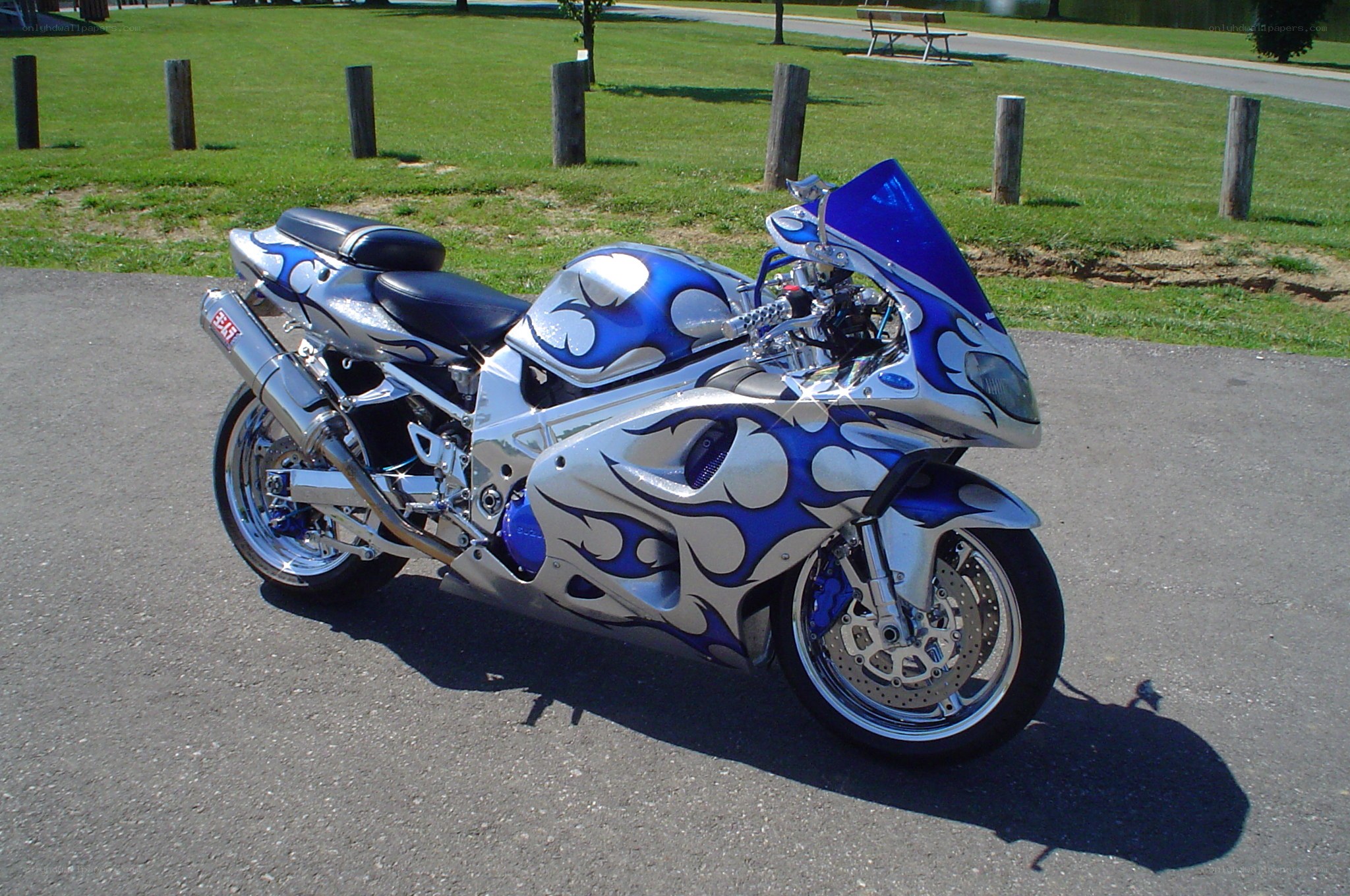 Blue and silver flame motorcycle