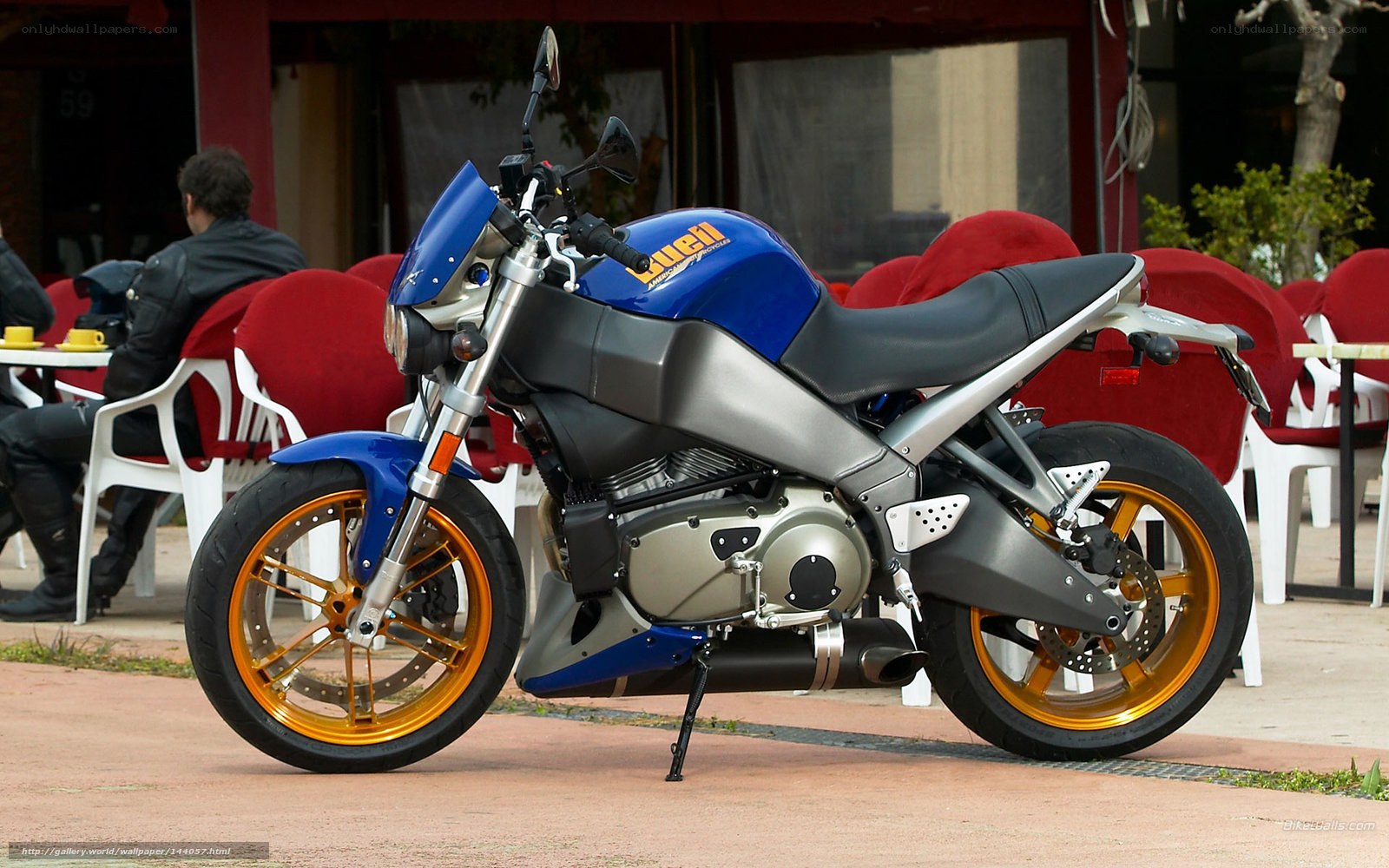Blue and silver motorcycle on display