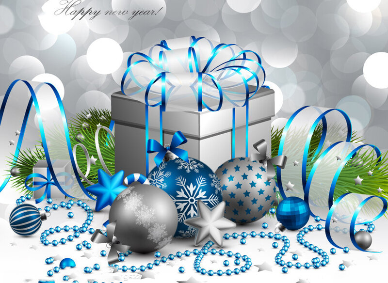 Blue and Silver Ornaments — Festive, Winter, Digital Art, Gift Box
