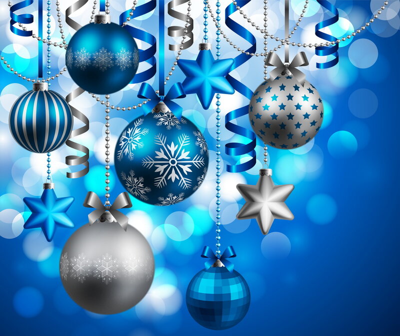 Blue and Silver Ornaments — Festive, Winter, Digital Art, Ribbons