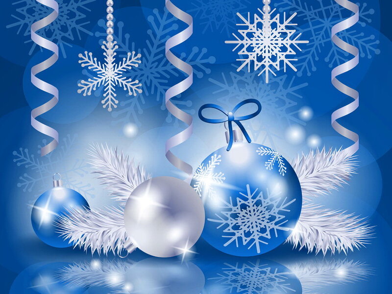 Blue and Silver Ornaments — Festive, Winter, Digital Art, Snowflakes, Ribbons