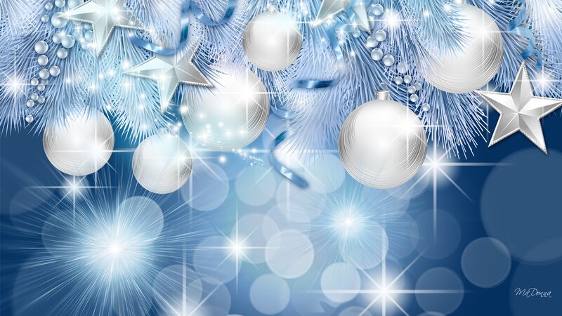 Blue and Silver Ornaments — Festive, Winter, Digital Art, Stars, Baubles