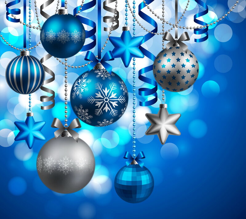 Blue and Silver Ornaments — Festive, Winter, Digital Art, Stars, Ribbons
