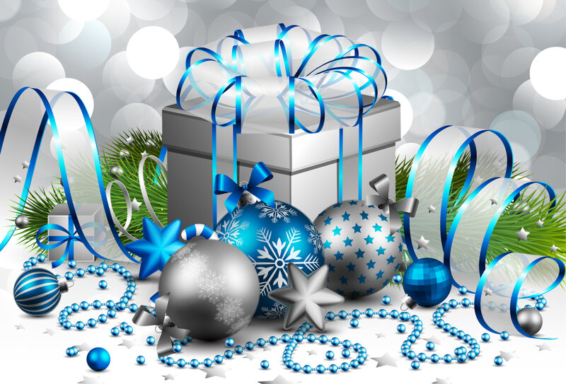 Blue and Silver Ornaments — Festive, Winter, Digital Art