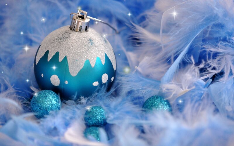 Blue and Silver Ornaments — Festive, Winter, Photograph, Feathers