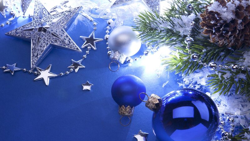 Blue and Silver Ornaments — Festive, Winter, Photograph, Pine Branches, Stars, Balls