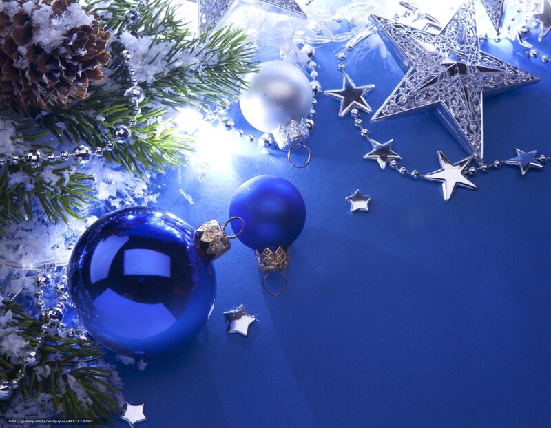 Blue and Silver Ornaments — Festive, Winter, Photograph, Pine Branches, Stars, Snow