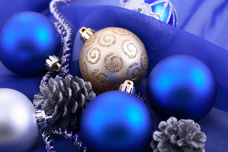 Blue and Silver Ornaments — Festive, Winter, Photograph, Pinecones