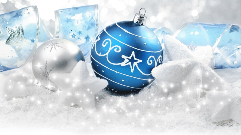 Blue and Silver Ornaments — Festive, Winter, Photograph, Snow, Ribbons
