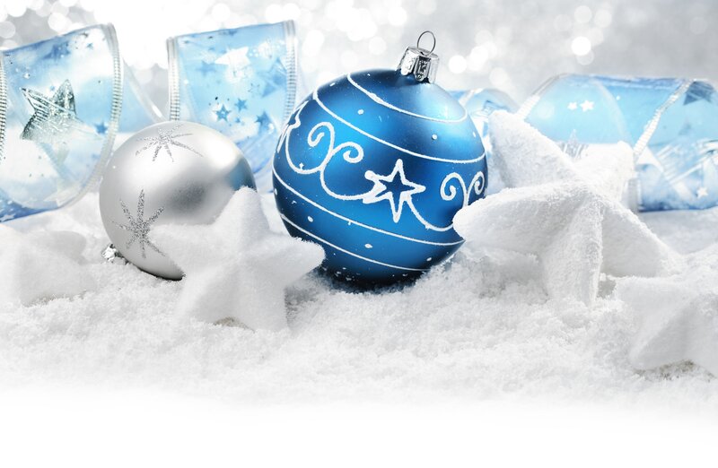 Blue and Silver Ornaments — Festive, Winter, Photograph, Snow, Stars