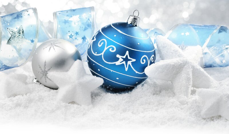 Blue and Silver Ornaments — Festive, Winter, Photograph, Snow
