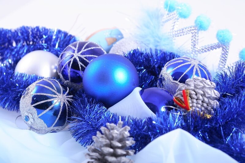 Blue and Silver Ornaments — Festive, Winter, Photograph, Tinsel, Pinecones