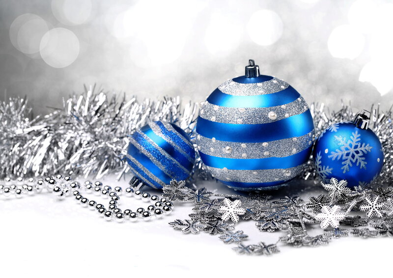 Blue and Silver Ornaments — Festive, Winter, Photograph, Tinsel, Snowflakes, Beads