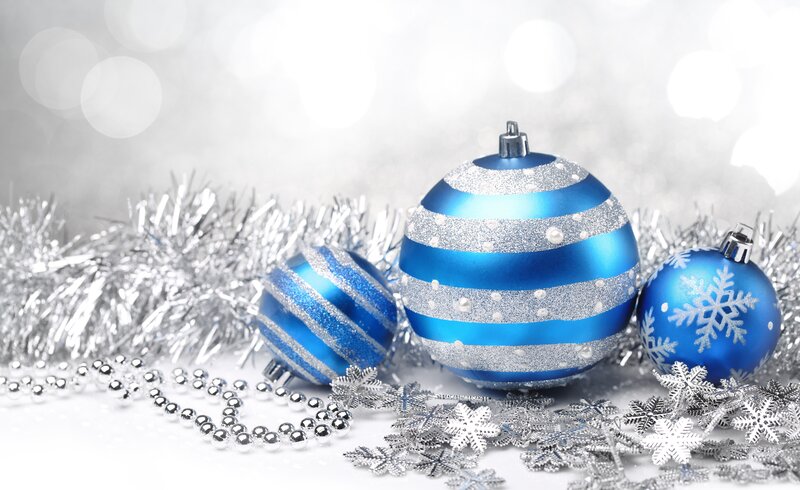 Blue and Silver Ornaments — Festive, Winter, Photograph, Tinsel, Snowflakes