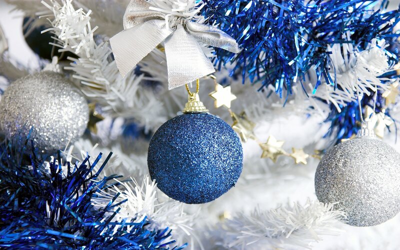 Blue and Silver Ornaments — Festive, Winter, Photograph, Tinsel
