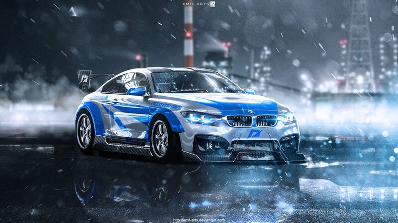 Blue and Silver Race Car — Dramatic, Night, Digital Art