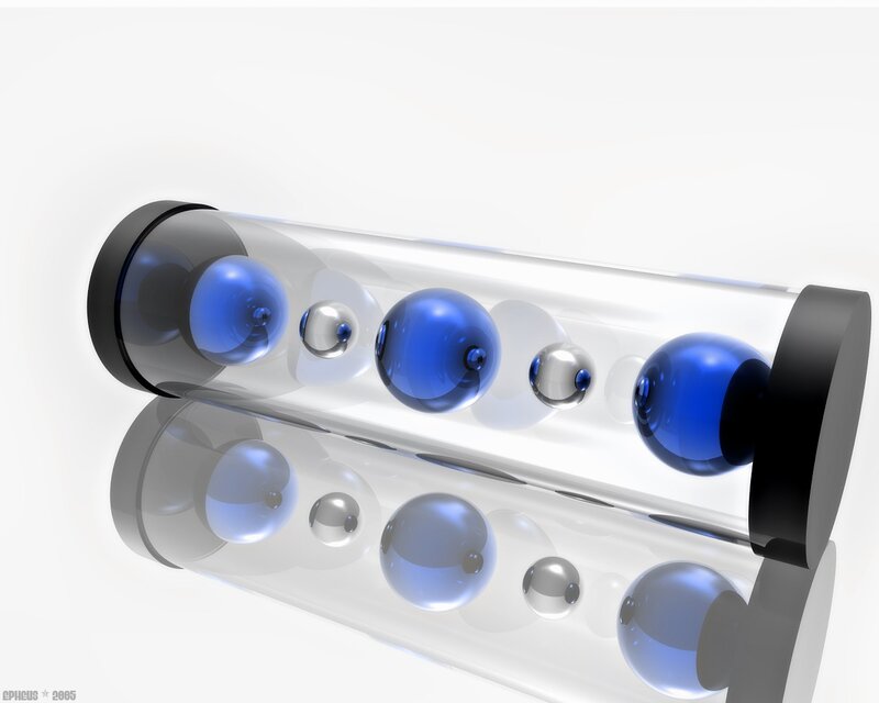 Blue and silver spheres in a tube