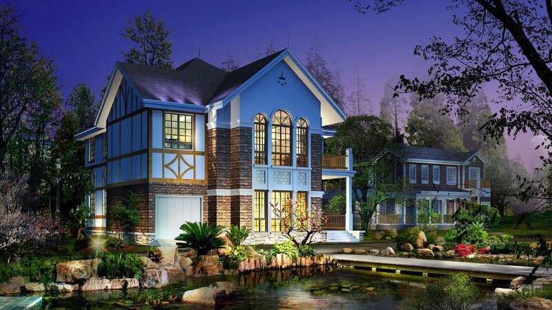 Blue and Stone House — Serene, Night, 3d Render, Pond