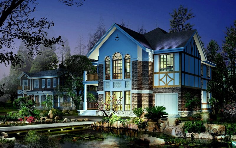 Blue and Stone House — Serene, Night, 3d Render, Pond, Trees