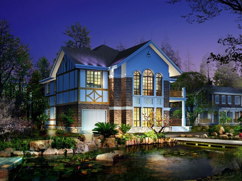 Blue and Stone House — Serene, Night, 3d Render
