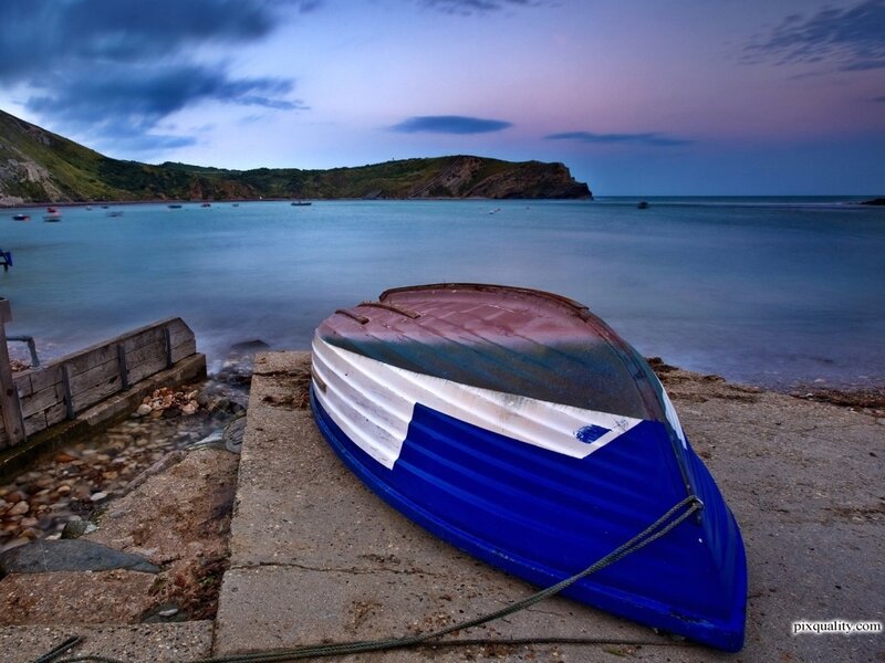Blue and White Boat — Serene, Sunset