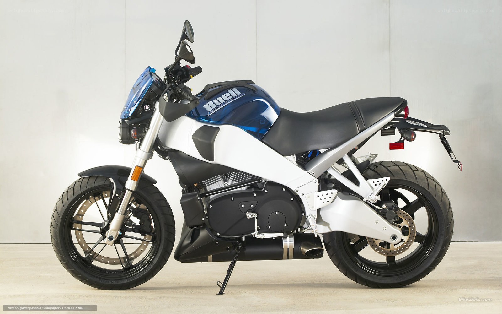 Blue and white Buell motorcycle