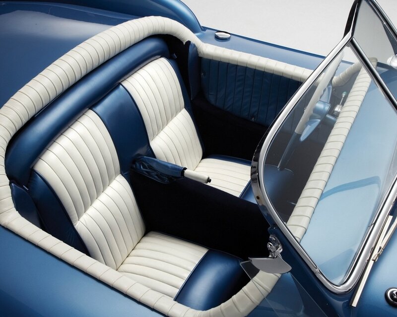 Blue and white car interior
