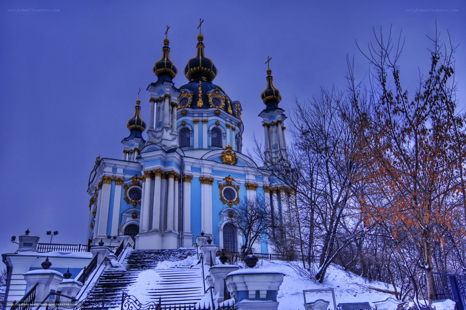 Blue and white cathedral in winter
