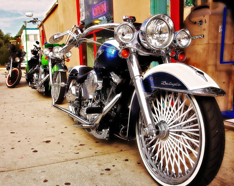 Blue and White Chopper Motorcycle