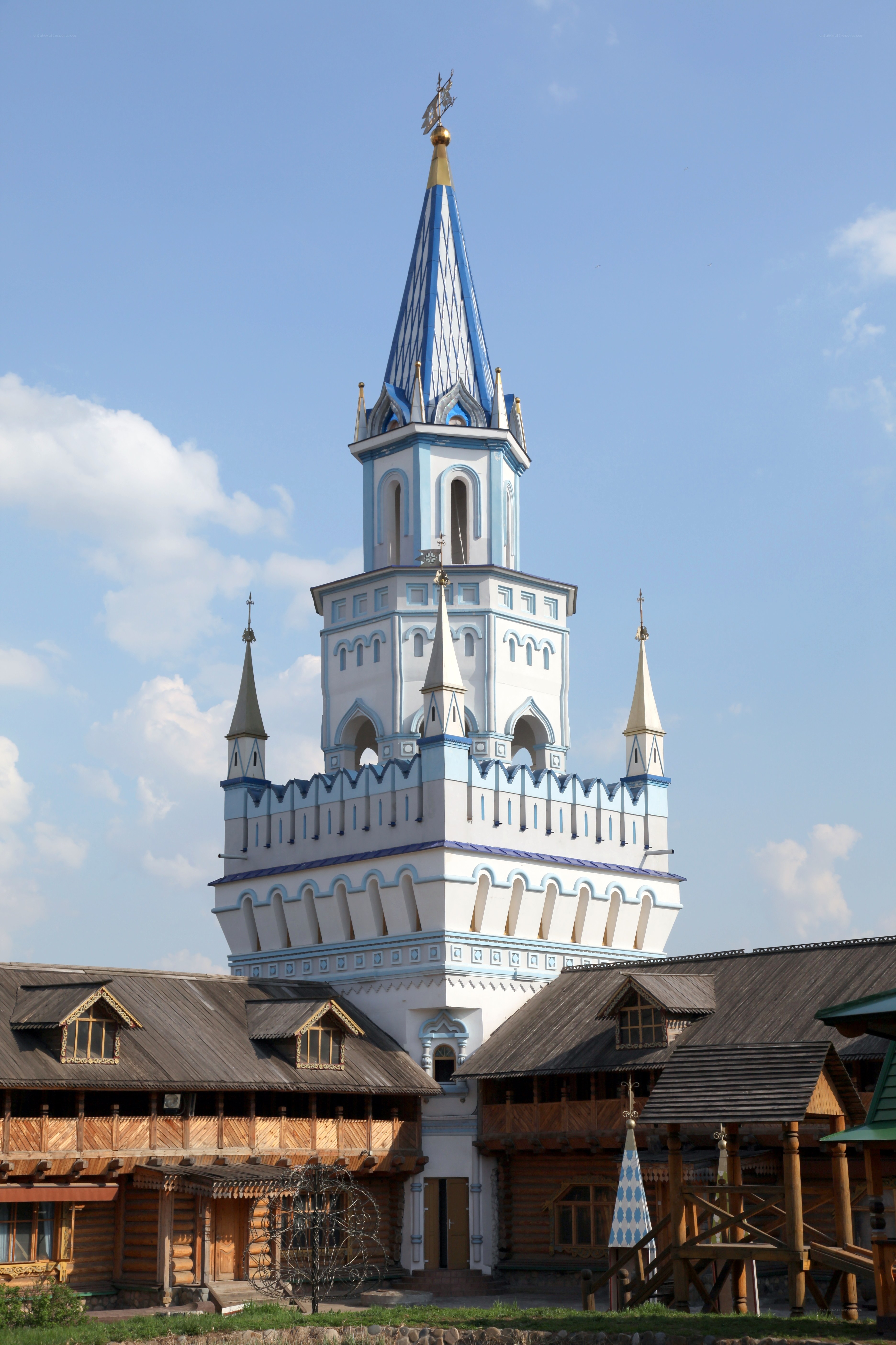 Blue and white church tower