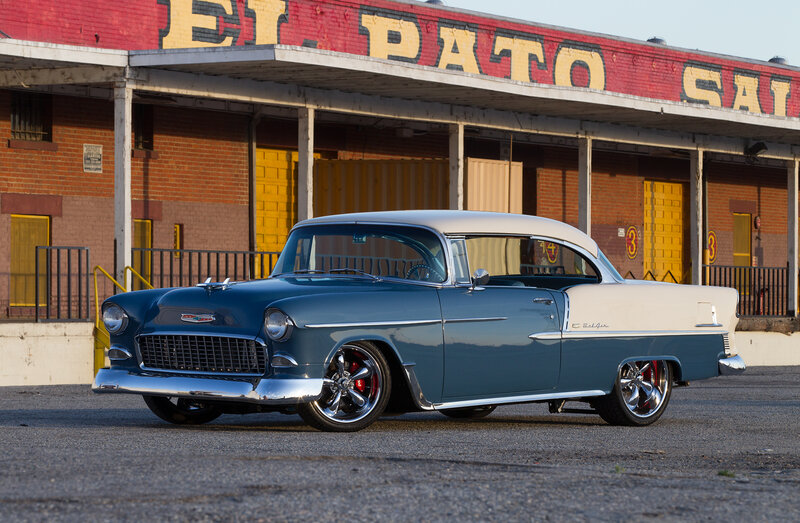Blue and White Classic Car — Calm, Afternoon, Photograph, Building