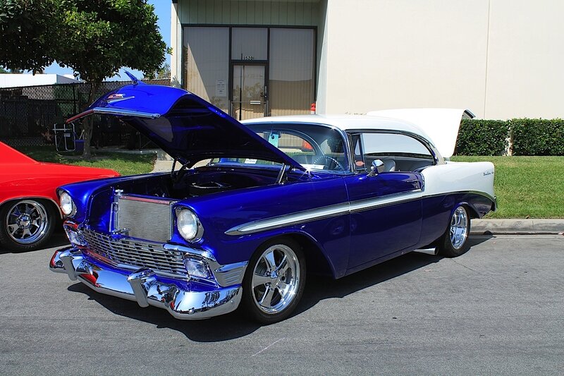 Blue and White Classic Car — Calm, Afternoon, Photograph, Red Car