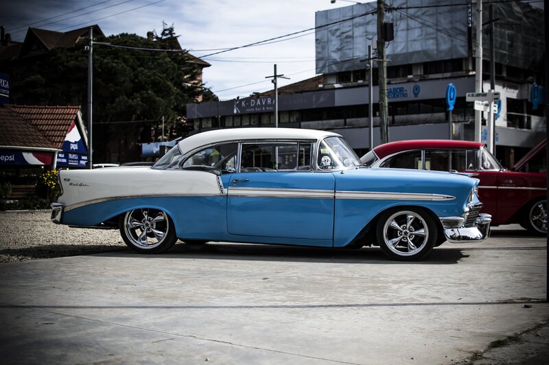 Blue and White Classic Car — Dramatic, Afternoon