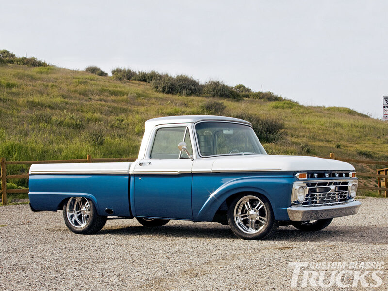 Blue and white classic Ford truck