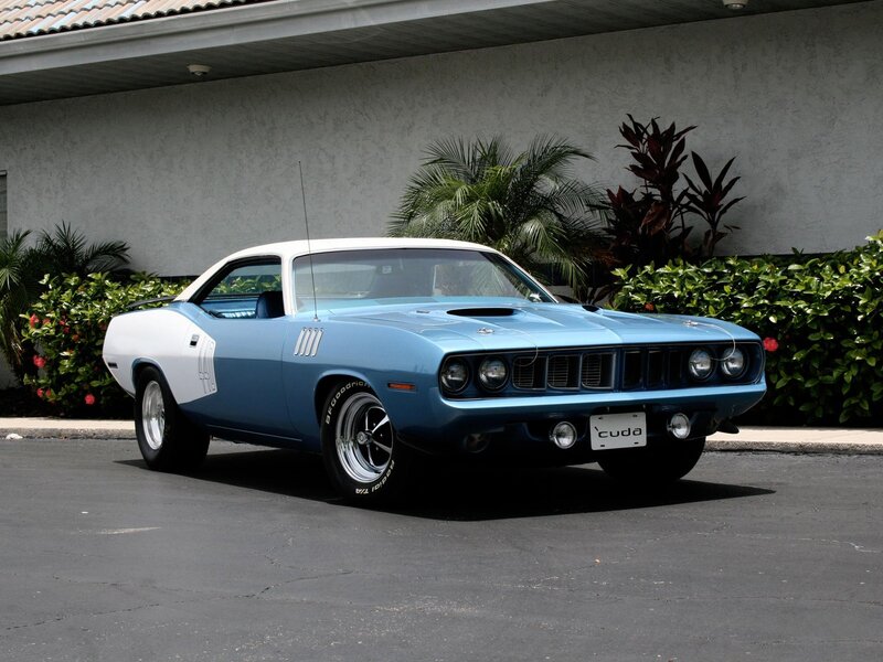 Blue and white classic muscle car