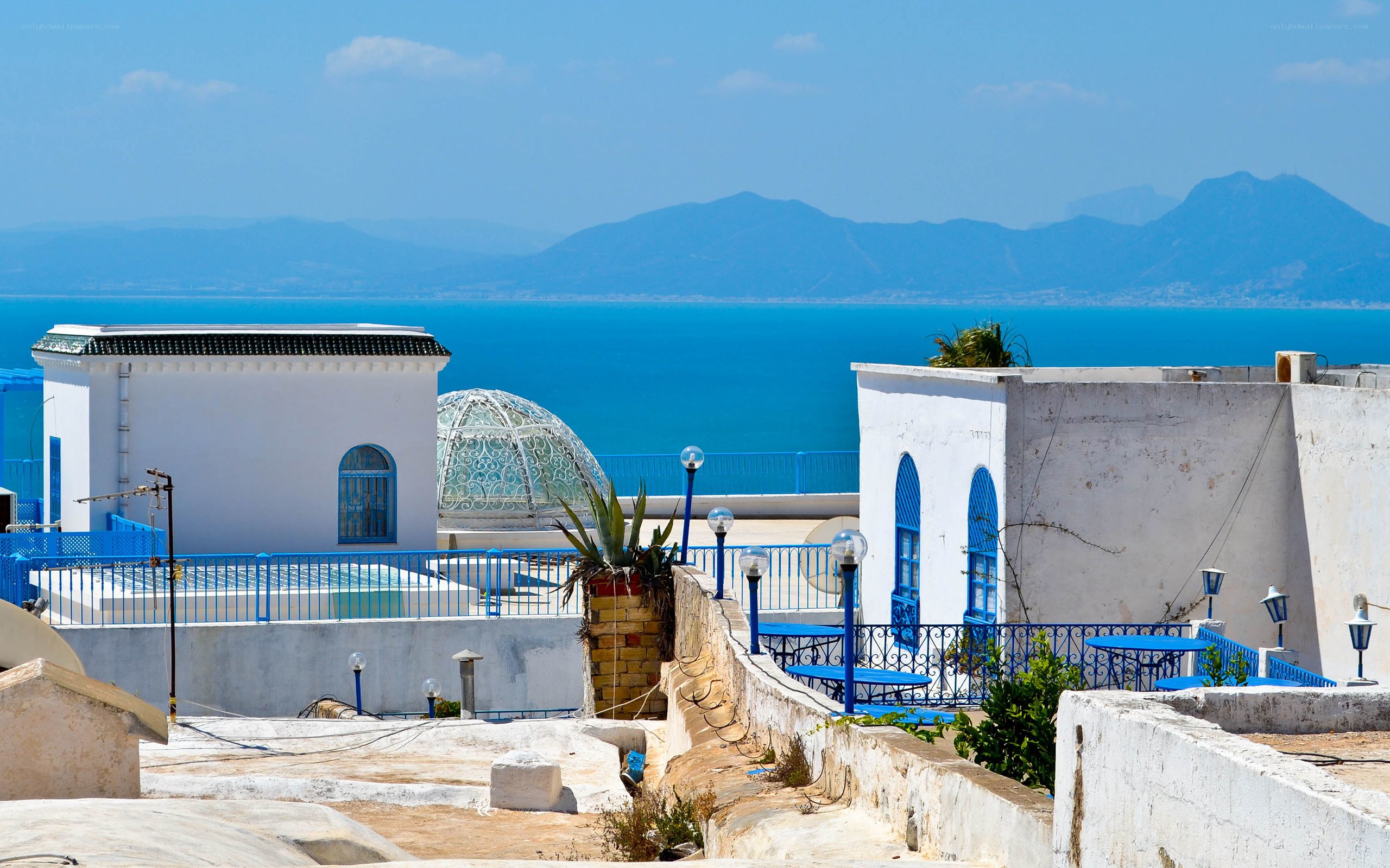 Blue and white coastal buildings