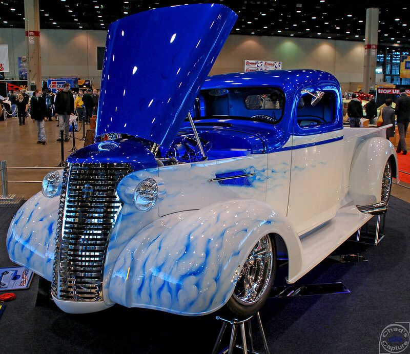 Blue and white custom pickup truck