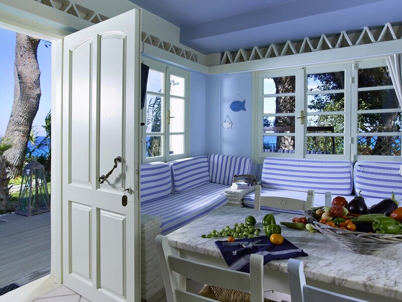 Blue and White Dining Area