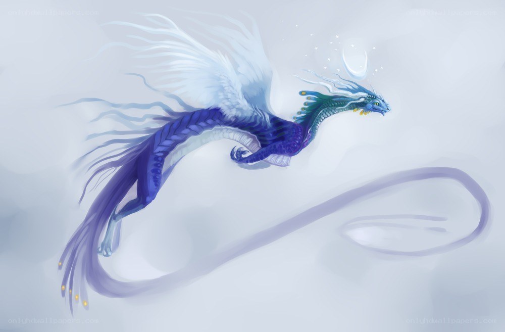 blue and white dragon in flight