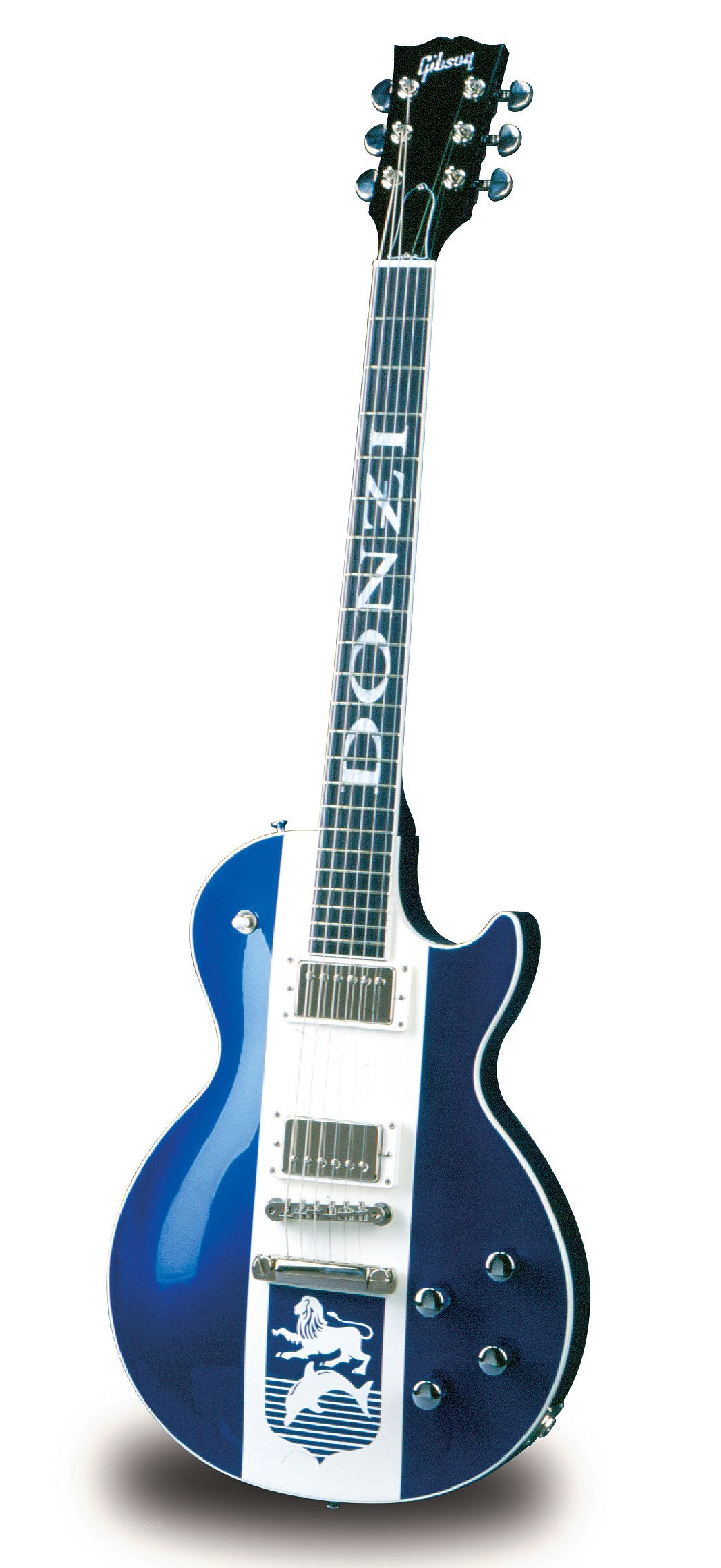 blue and white electric guitar
