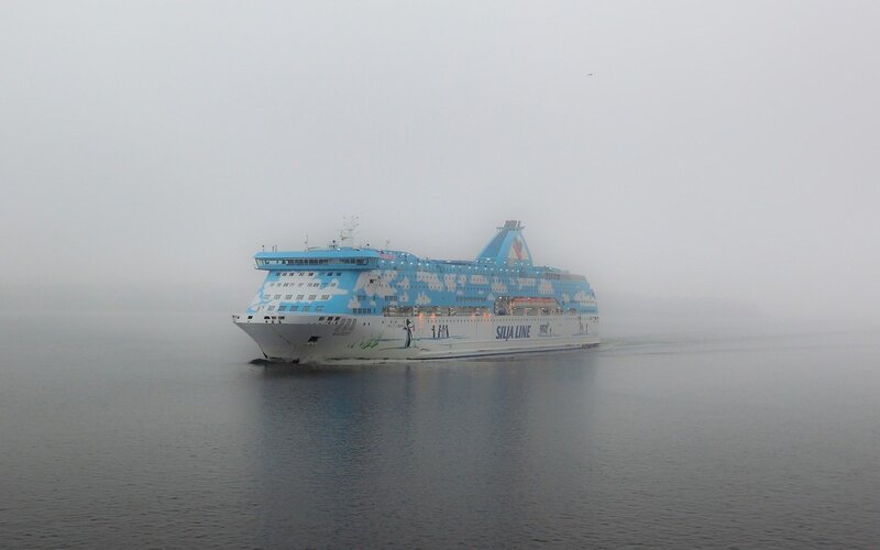 Blue and White Ferry — Misty, Photograph