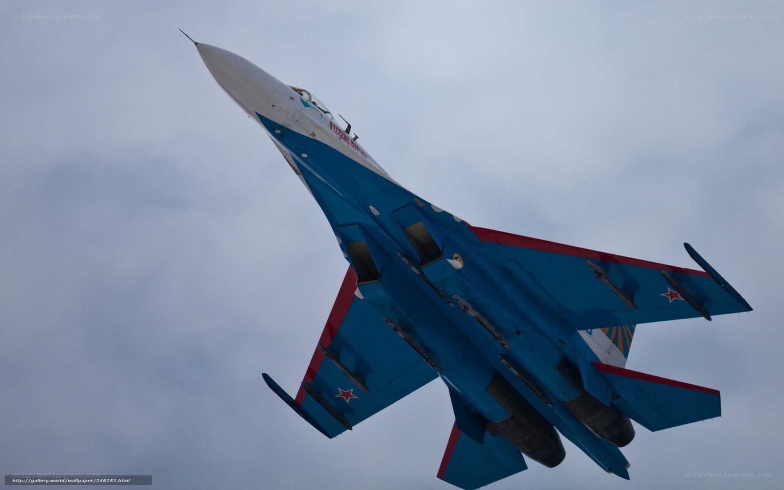 Blue and white fighter jet in flight